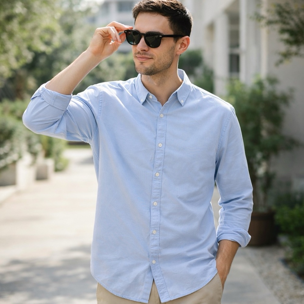 Minimalist Preppy Button Down Shirt XL Light Blue Cotton‎